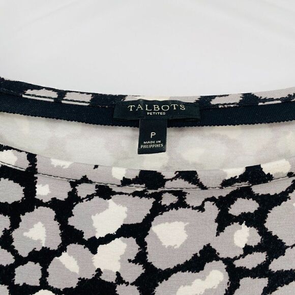 Talbots Size P XSP Black & Gray Printed Boat Neck Short Sleeve Jersey Knit Top - Picture 6 of 9